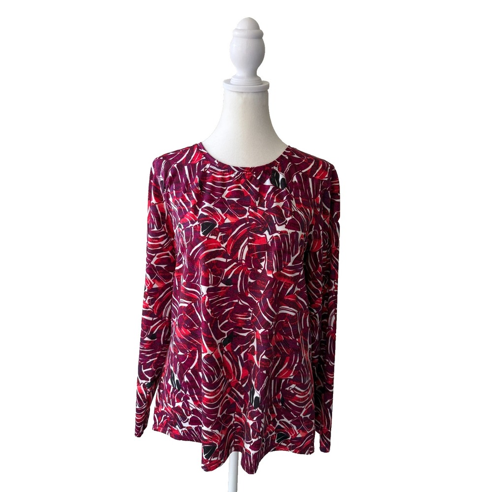 L.L. Bean Activewear Top Outdoor Red Print Long Sleeve Nylon Blend UPF 50 Medium